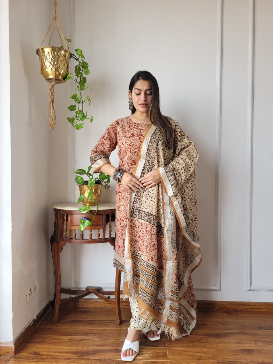 Red Bagru Hand Block Printed Linen Suit Set